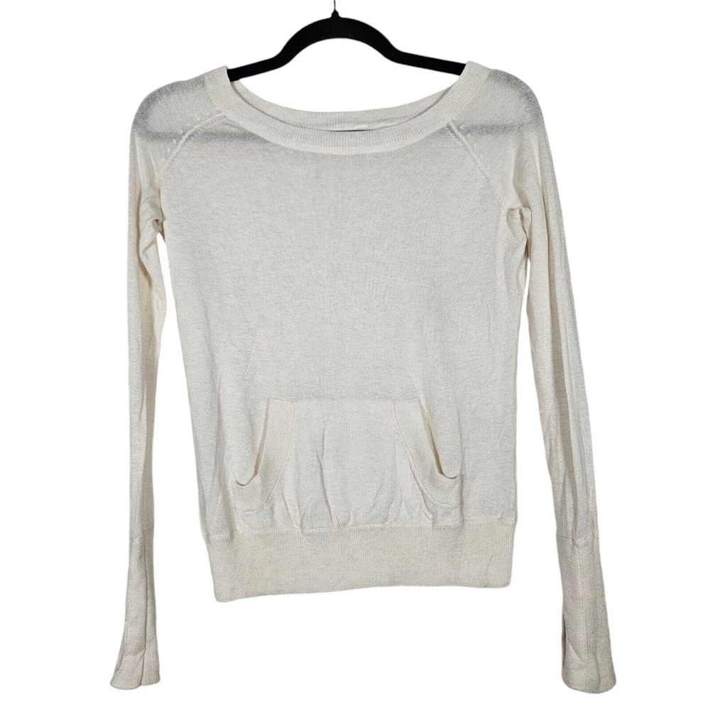 Lululemon Cream Light Long Sleeve Sweater Thumb Holes Sheer Front Pocket Size 4‎